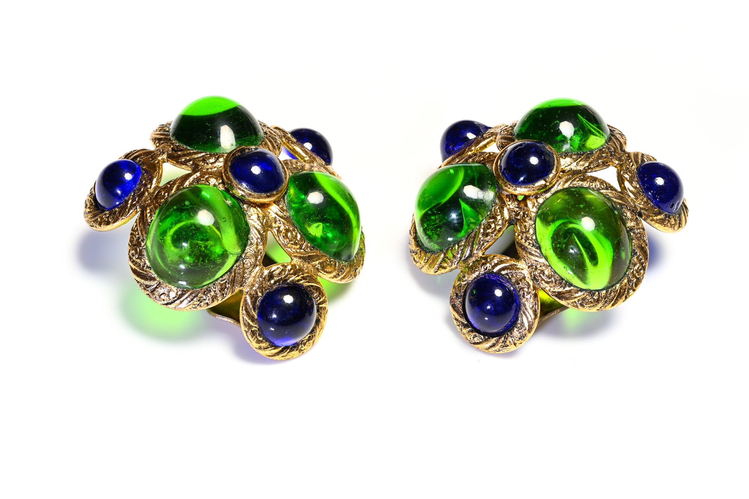 Vintage 1950's Gripoix Green Blue Poured Glass Earrings