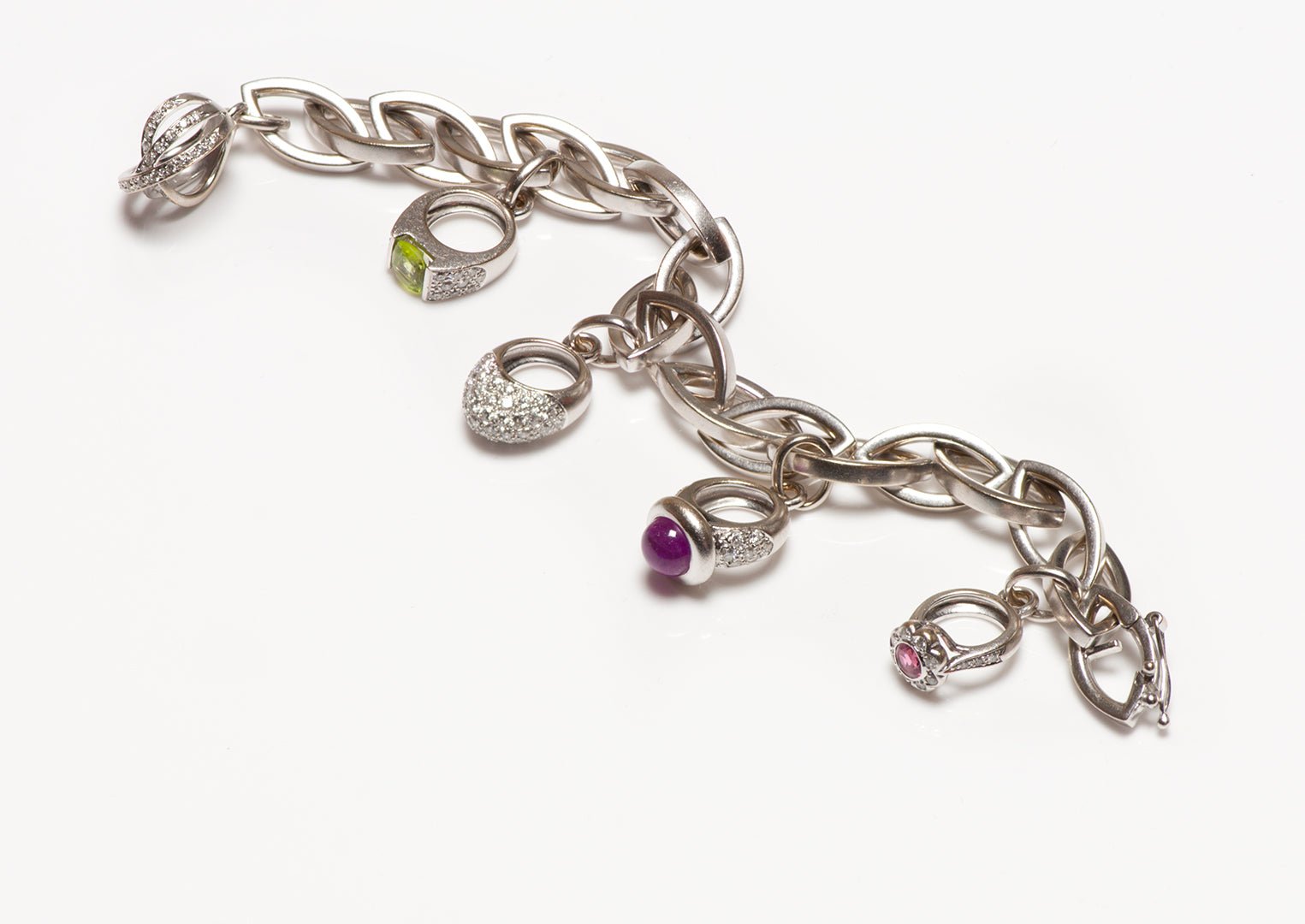 Gubelin 18K Gold Chain Link Bracelet & Rings Gemstone Charms