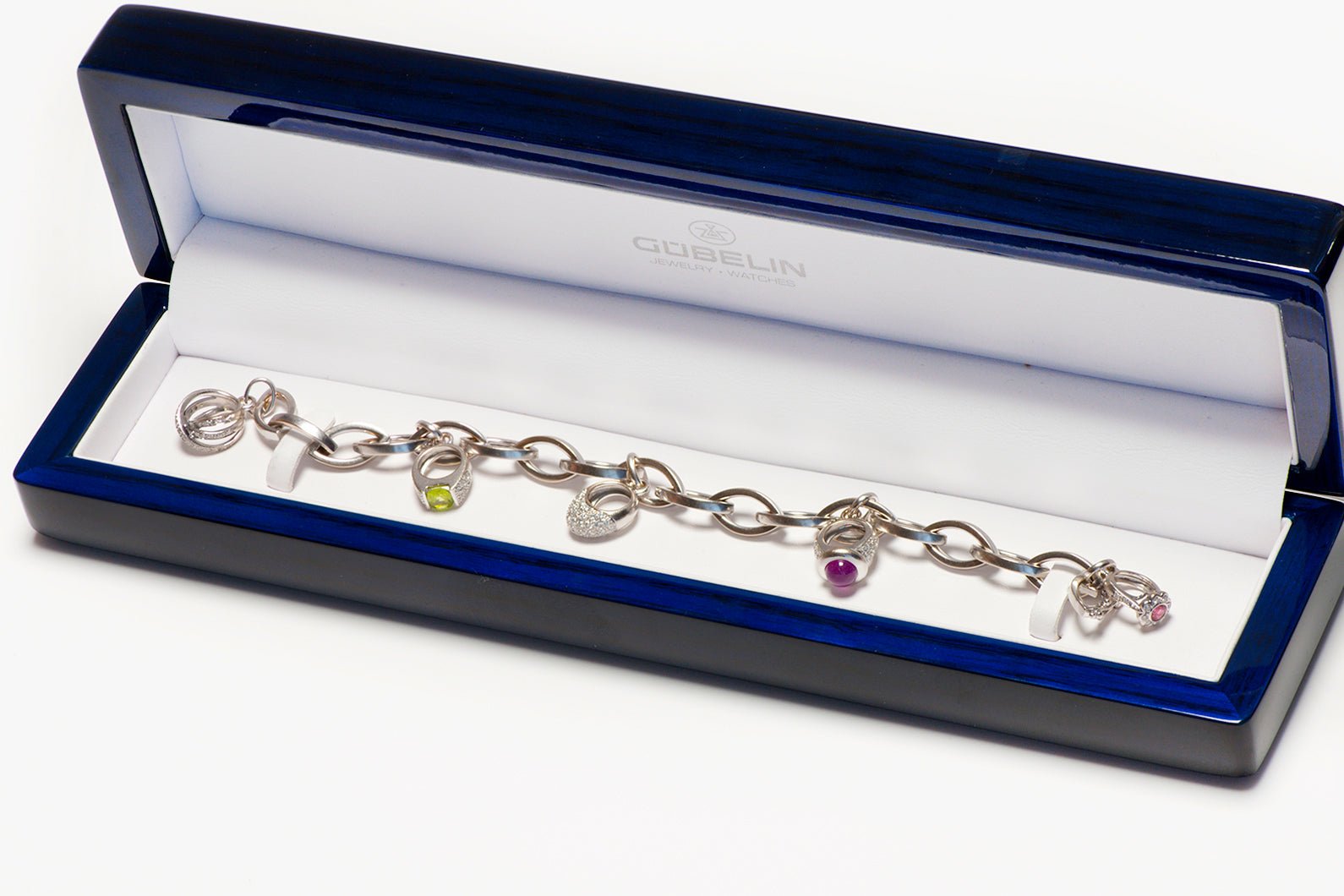 Gubelin 18K Gold Chain Link Bracelet & Rings Gemstone Charms