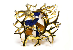 Gubelin 18K Yellow Gold Diamond Pendant Brooch with Semi-Precious Stones