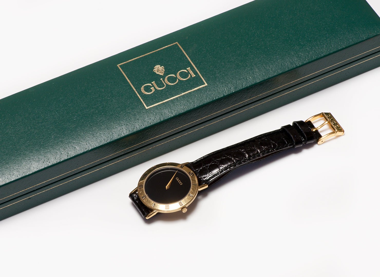 Gucci 3000.2.M Gold Plated Watch Black & Brown Leather Straps
