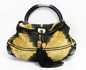 GUCCI GG Indy Yellow Velvet Black Leather Tassel Bamboo Women’s Bag