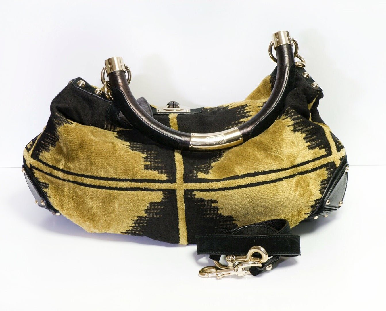 GUCCI GG Indy Yellow Velvet Black Leather Tassel Bamboo Women’s Bag