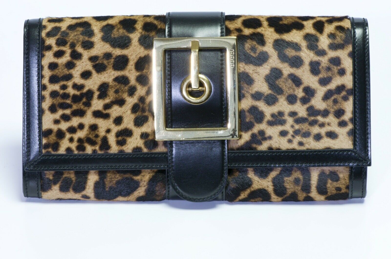 GUCCI “Lady” Brown Black Leopard Calf Hair Leather Buckle Clutch Bag