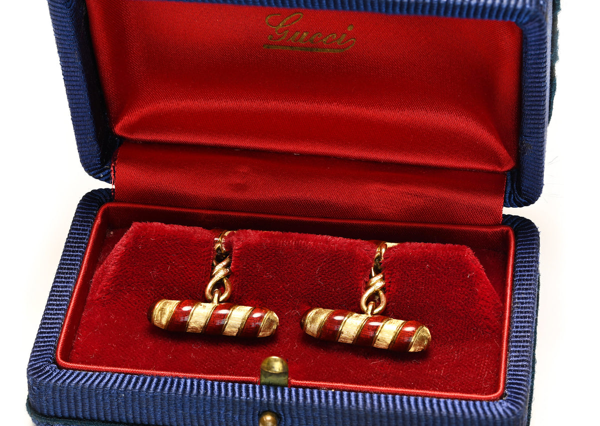 Gucci Red Enamel 18K Gold Bar Cufflinks and Box 