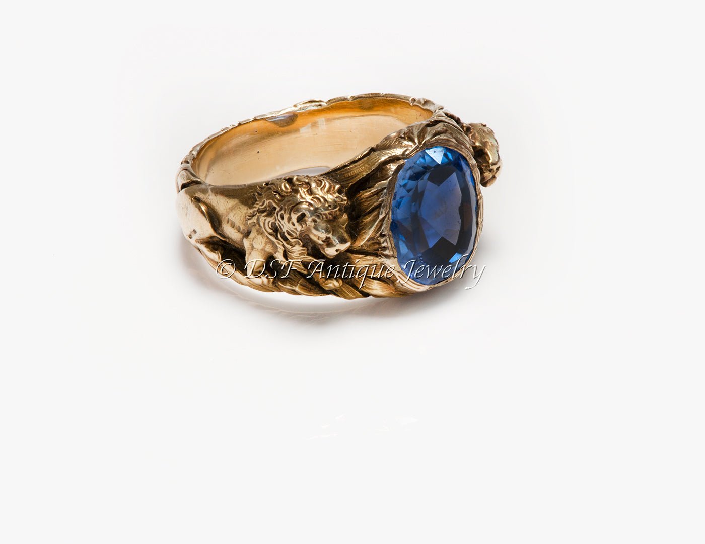 Gustav Manz Antique Art Nouveau Gold Sapphire Lion Panther Mens Ring