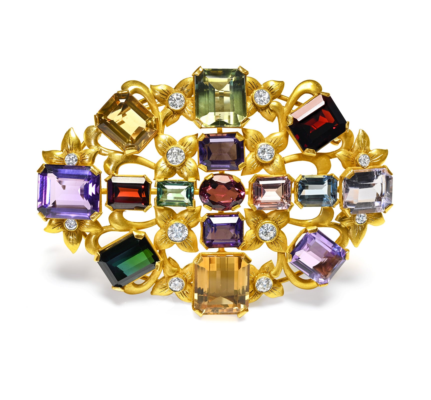 Exquisite 1950s Multi-Gemstone & Diamond Pendant Brooch in 18K Gold