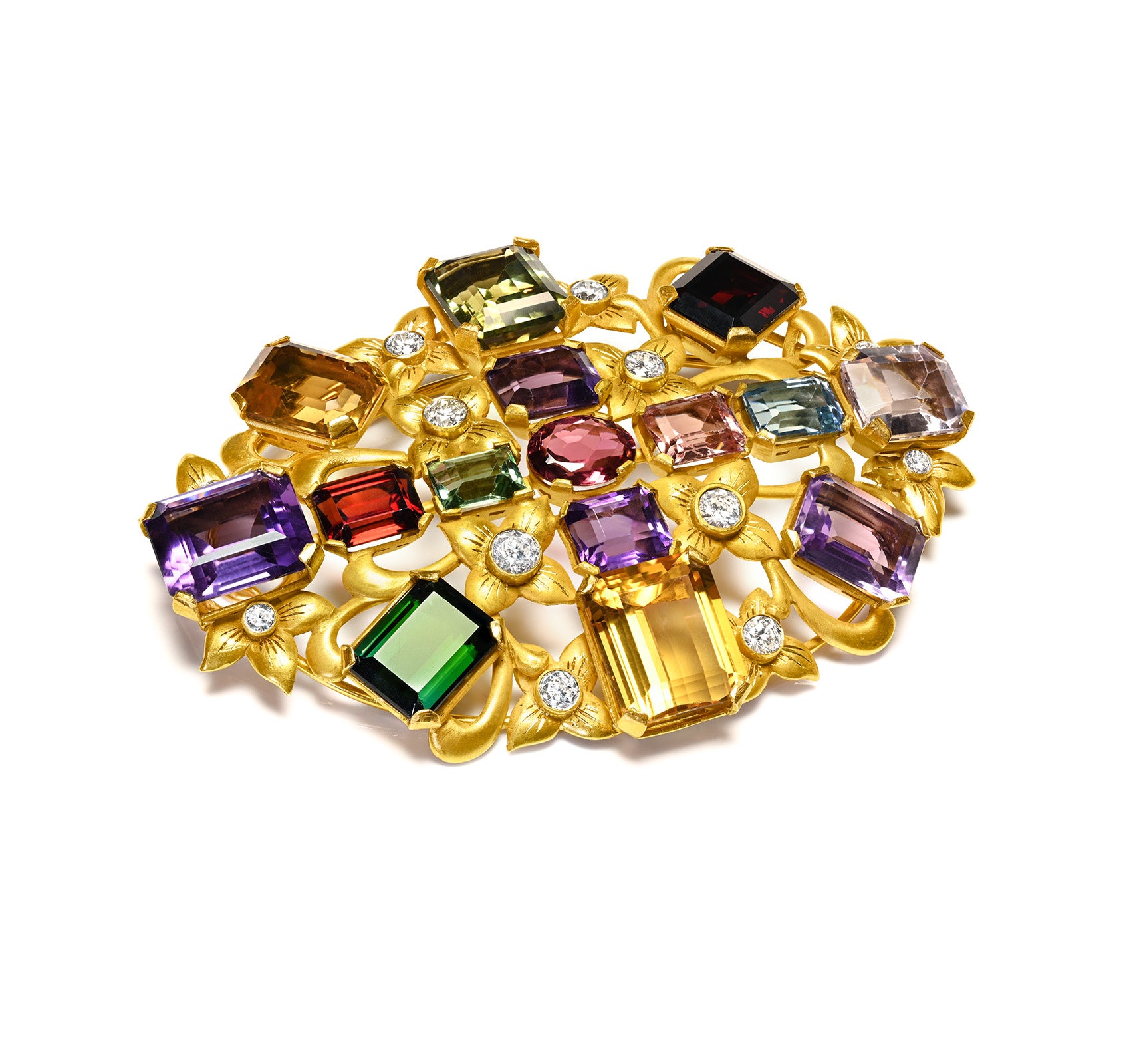 Exquisite 1950s Multi-Gemstone & Diamond Pendant Brooch in 18K Gold