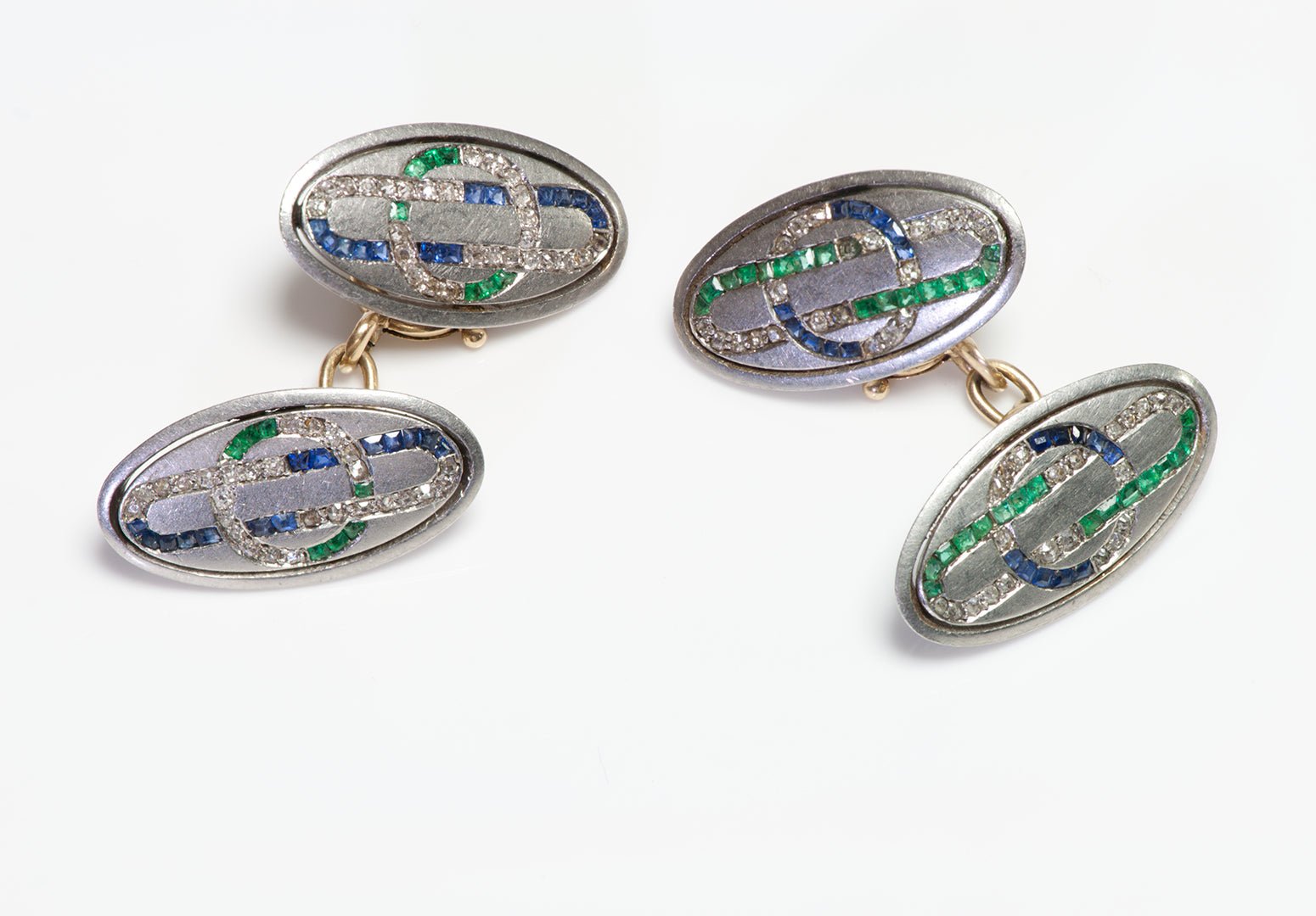 Haardt Davos Antique Platinum Emerald Sapphire & Diamond Cufflink & Stud Set