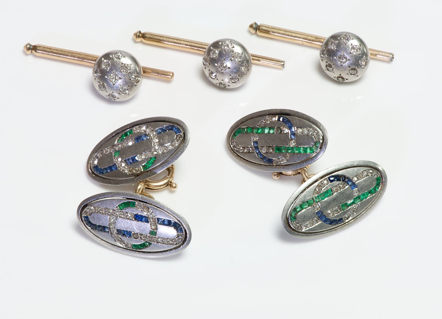 Haardt Davos Antique Platinum Emerald Sapphire & Diamond Cufflink & Stud Set