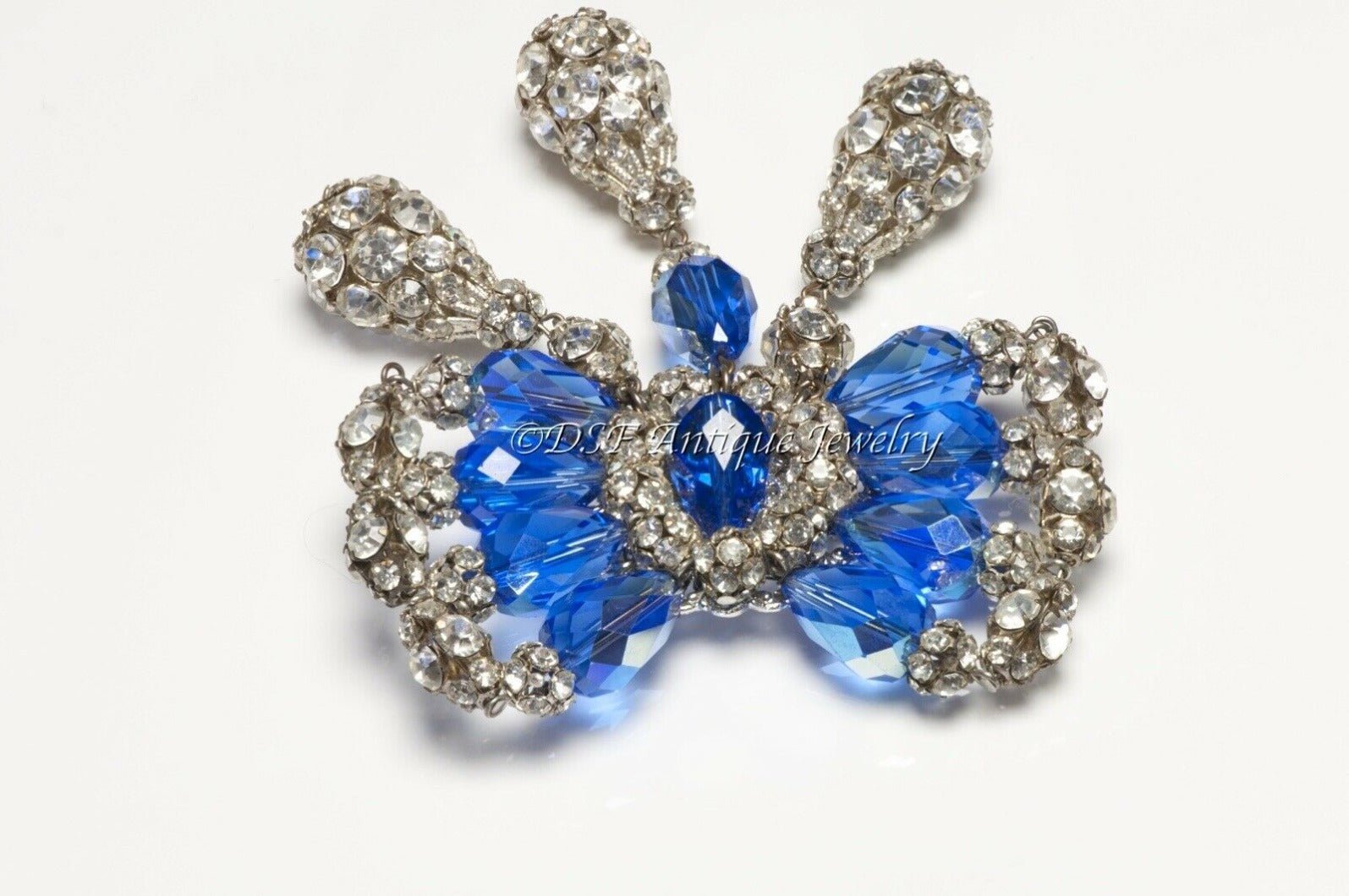 Hattie Carnegie 1950’s Blue Crystal Beads Large Bow Tassel Brooch