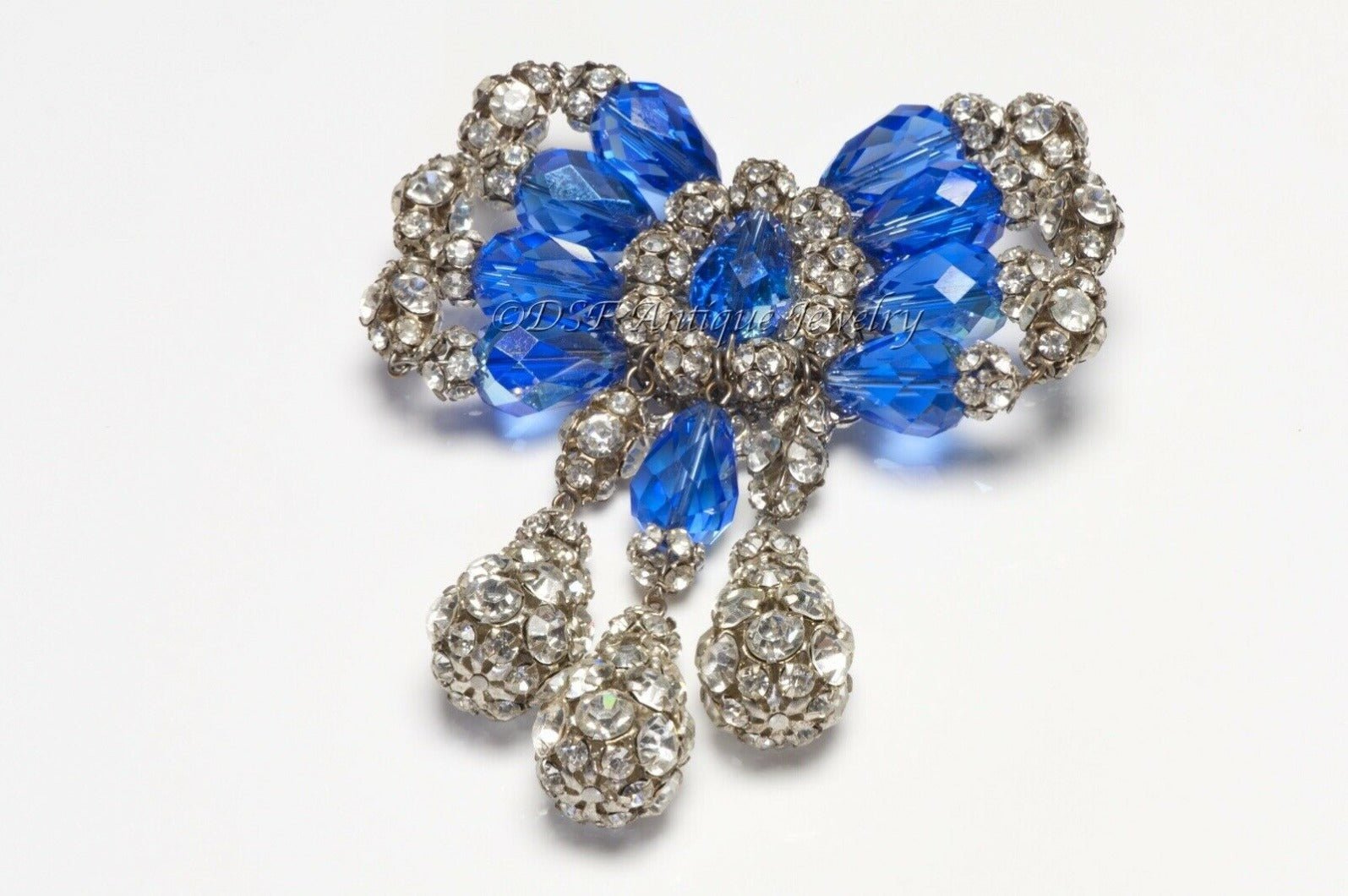 Hattie Carnegie 1950’s Blue Crystal Beads Large Bow Tassel Brooch