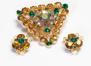 Hattie Carnegie 1950’s Green Yellow Aurora Borealis Crystal Brooch Earrings Set