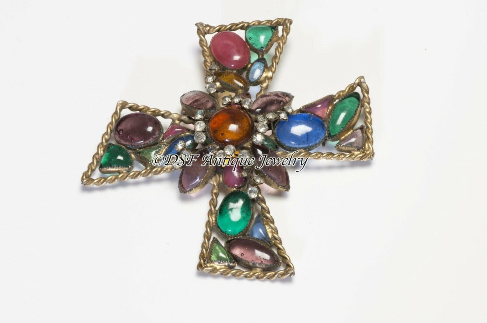 Hattie Carnegie 1950’s Purple Green Yellow Poured Glass Crystal Cross Brooch