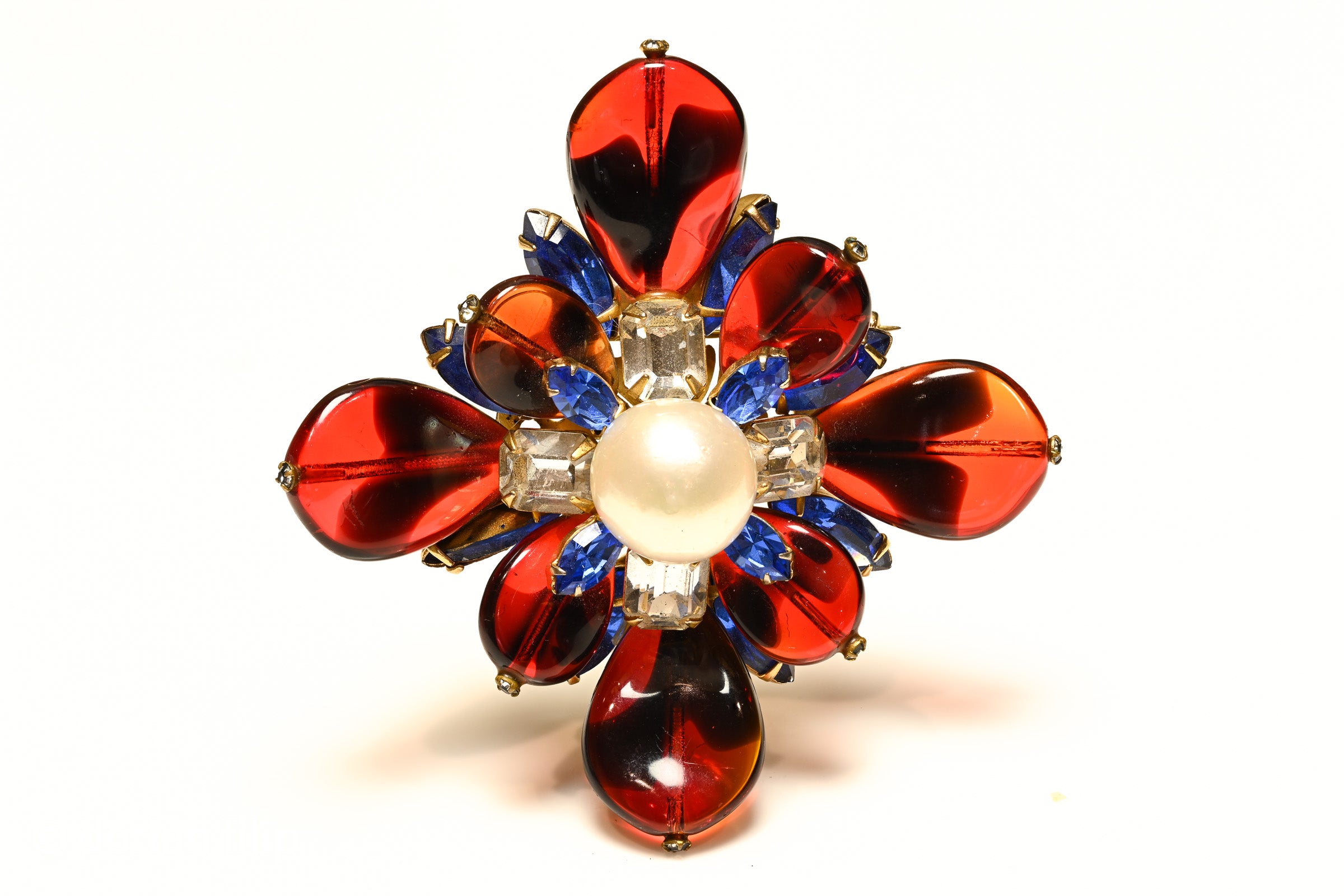 Vintage Hattie Carnegie Red Black Glass Blue Crystal Pearl Cross Brooc