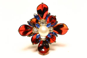 Vintage Hattie Carnegie Red Black Glass Blue Crystal Pearl Cross Brooch