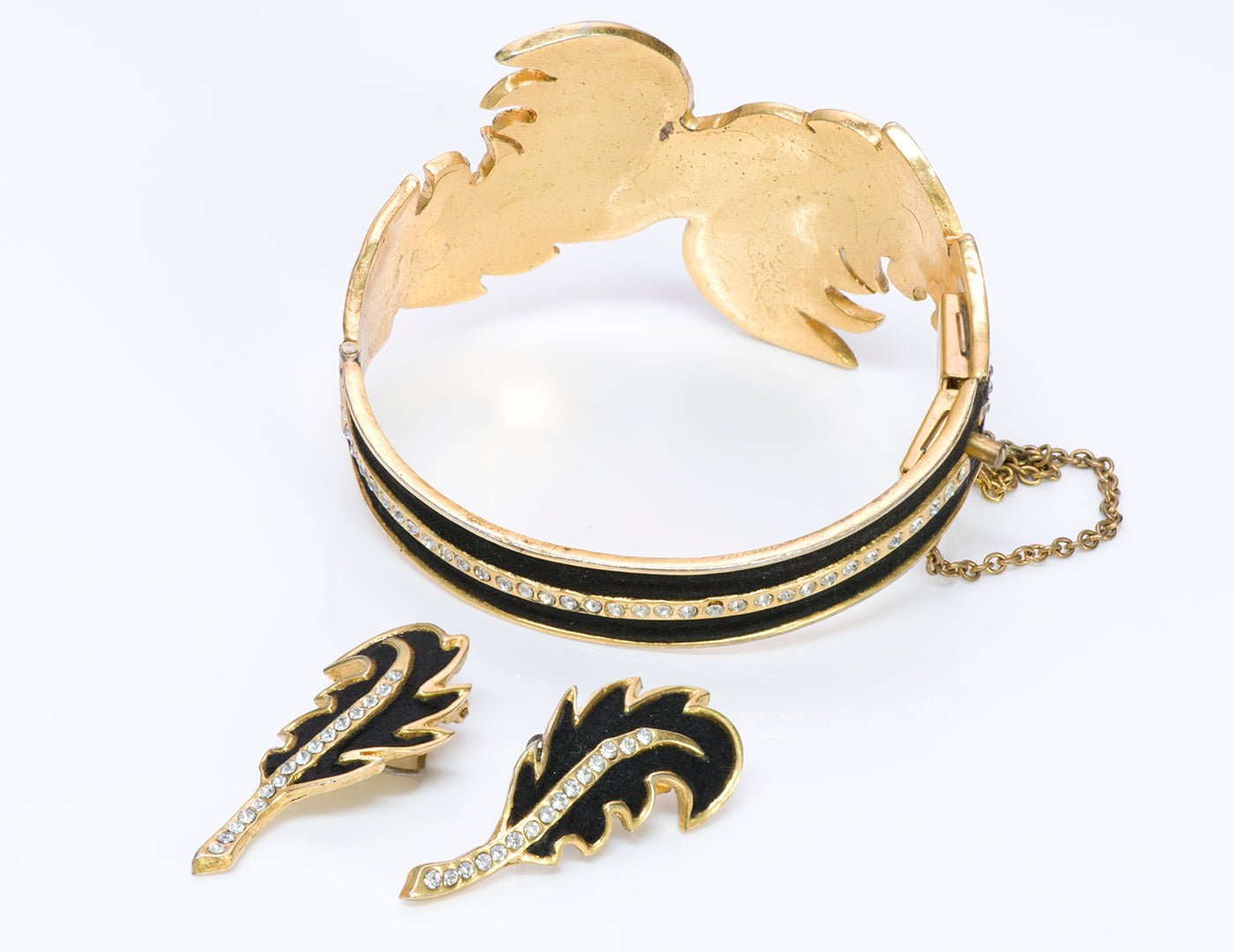 Henry a la Pensee 1940’s Suede Crystal Leaf Bracelet Earrings Set