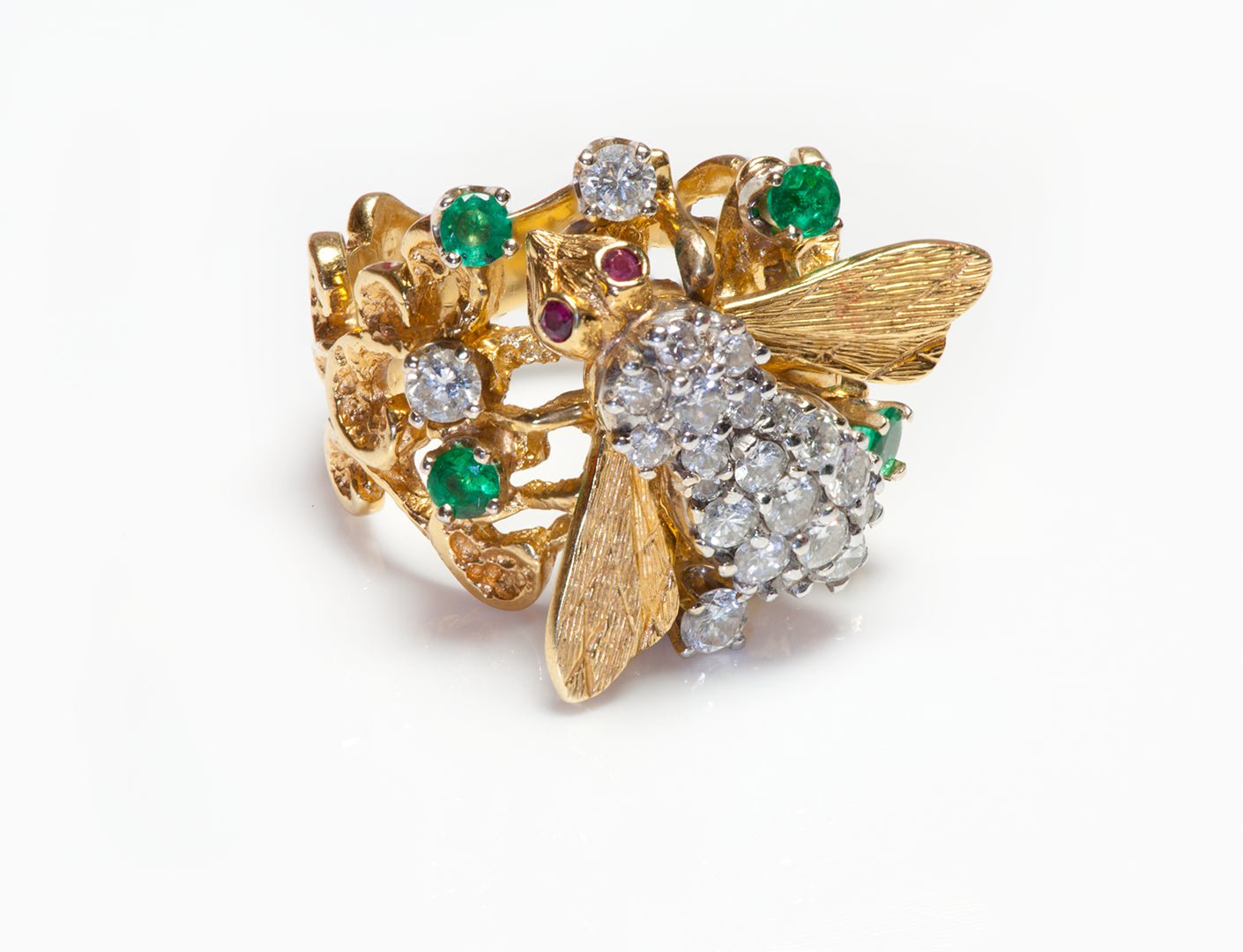 Herbert Rosenthal 18K Gold Diamond Emerald Ruby Bee Ring