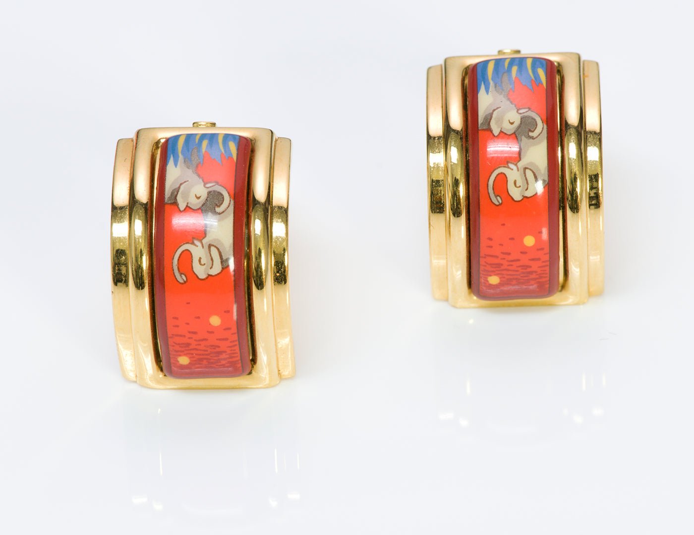 Hermes 18K Gold Plated Red Enamel Elephant Earrings