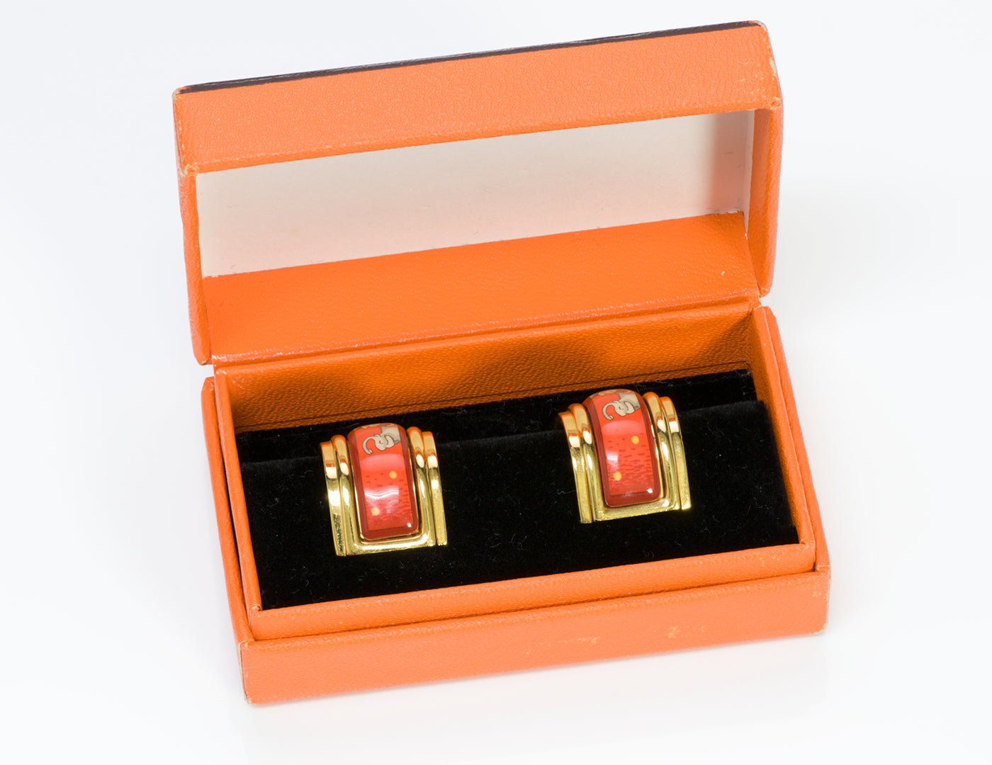 Hermes 18K Gold Plated Red Enamel Elephant Earrings