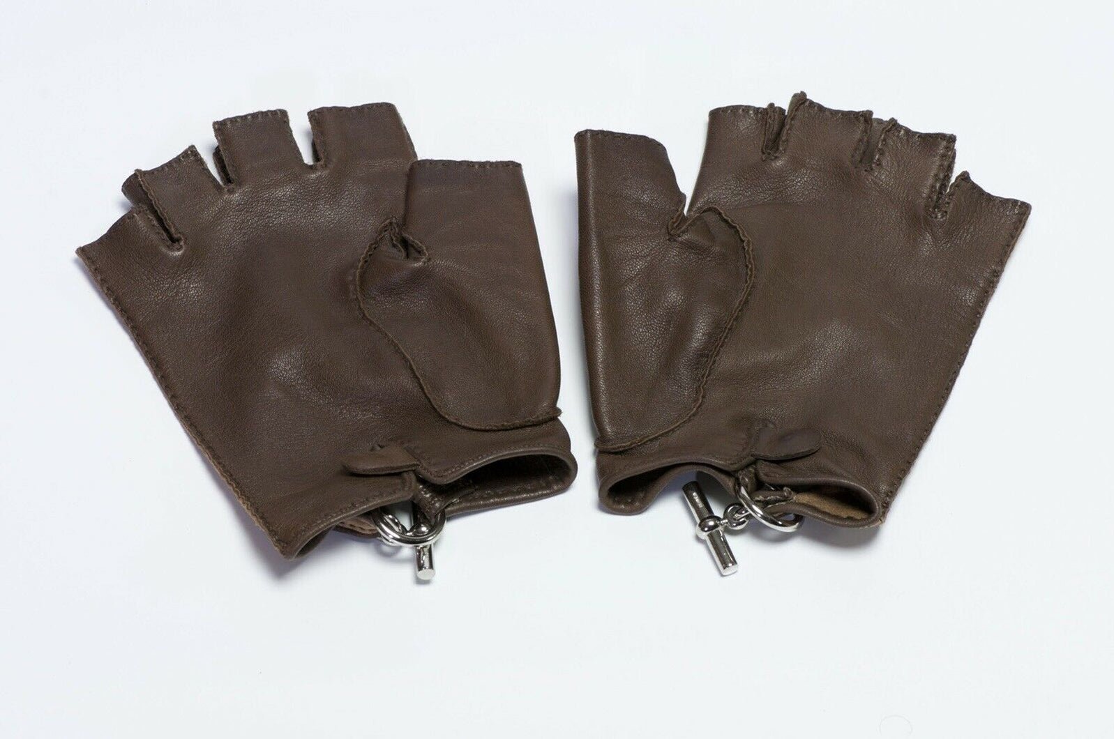 HERMES Brown Leather Toggle Fingerless Women’s Gloves