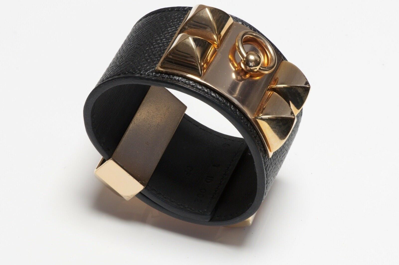 HERMES Collier de Chien Black Leather Rose Gold Plated Cuff Bracelet