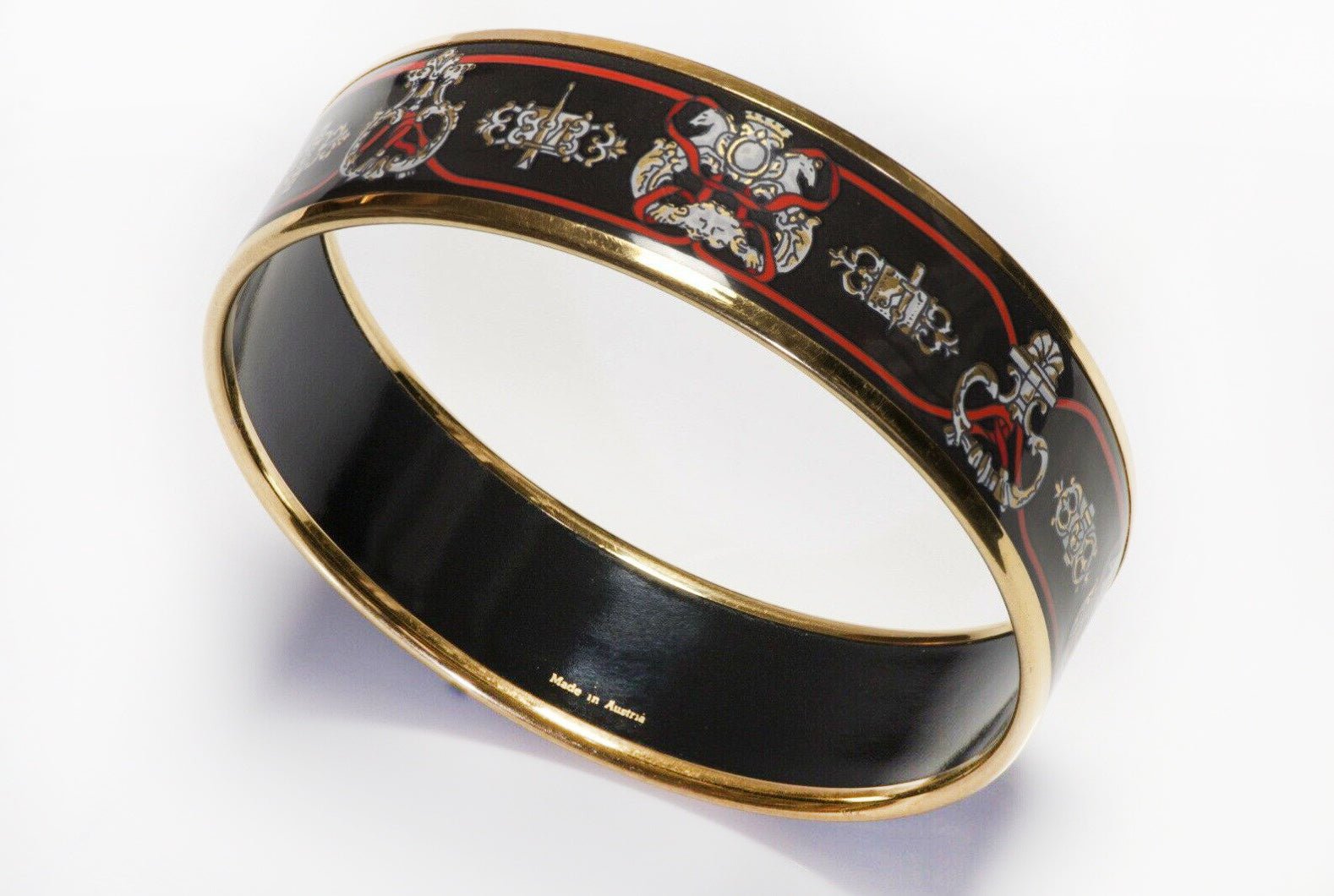 HERMES Gold Plated Black Red Enamel Equestrian Bangle Bracelet