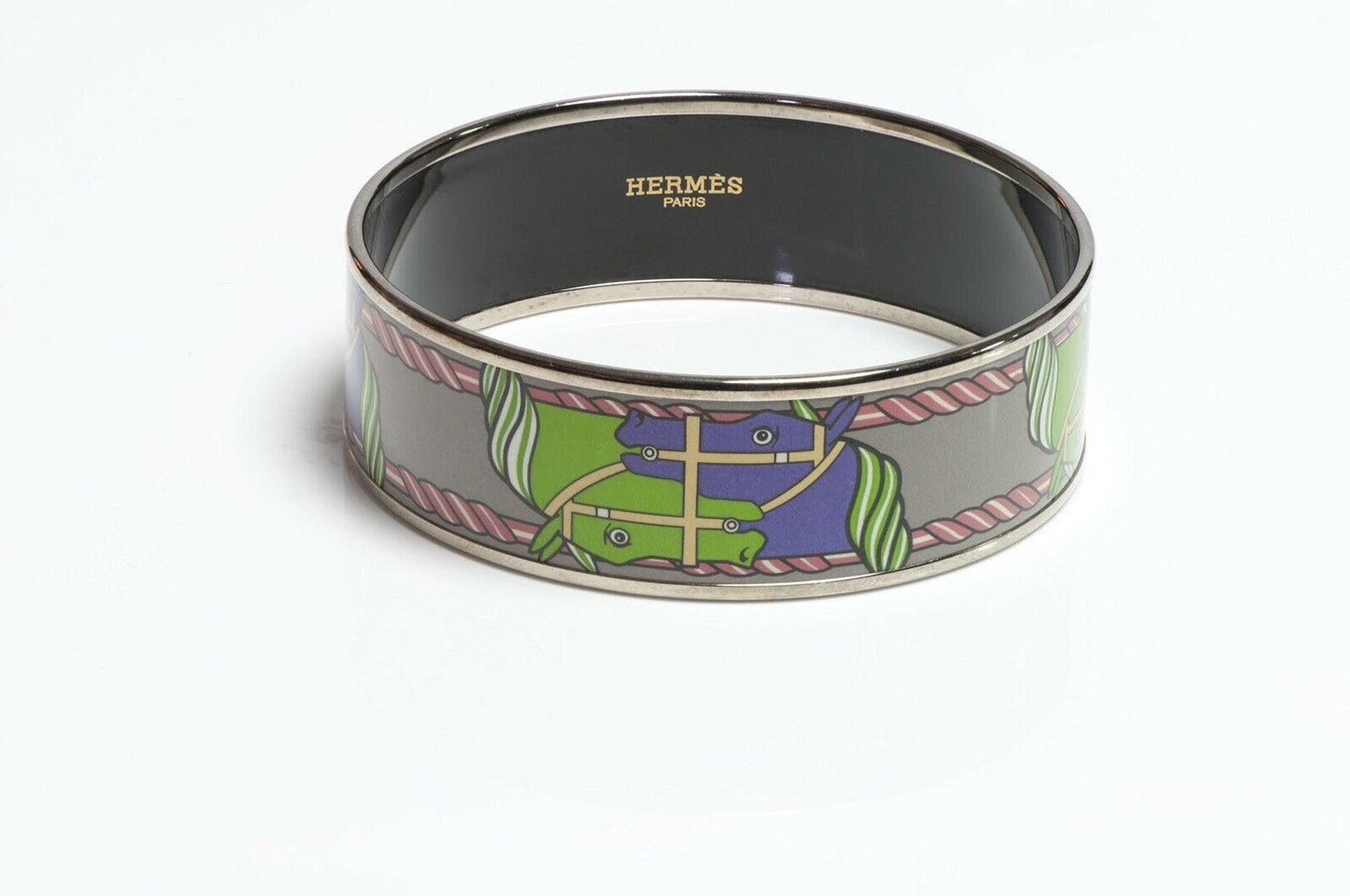 HERMES Green Purple Enamel Equestrian Bangle Bracelet