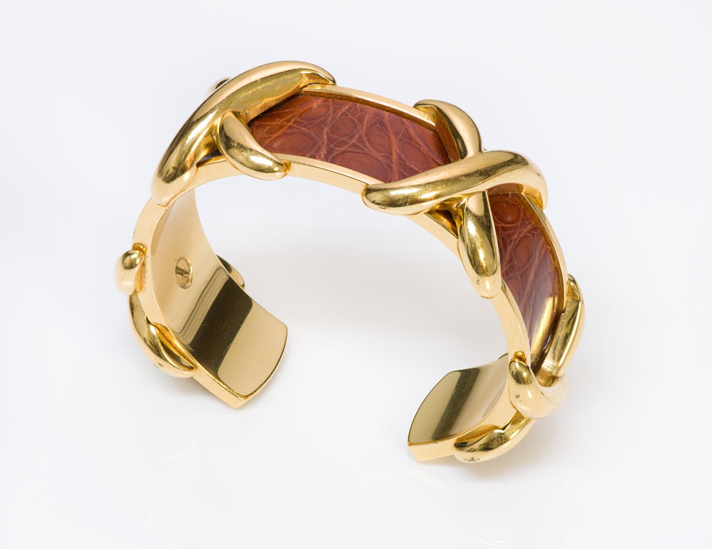 Hermes Paris 18K Gold Plated Brown Crocodile X Cuff Bracelet