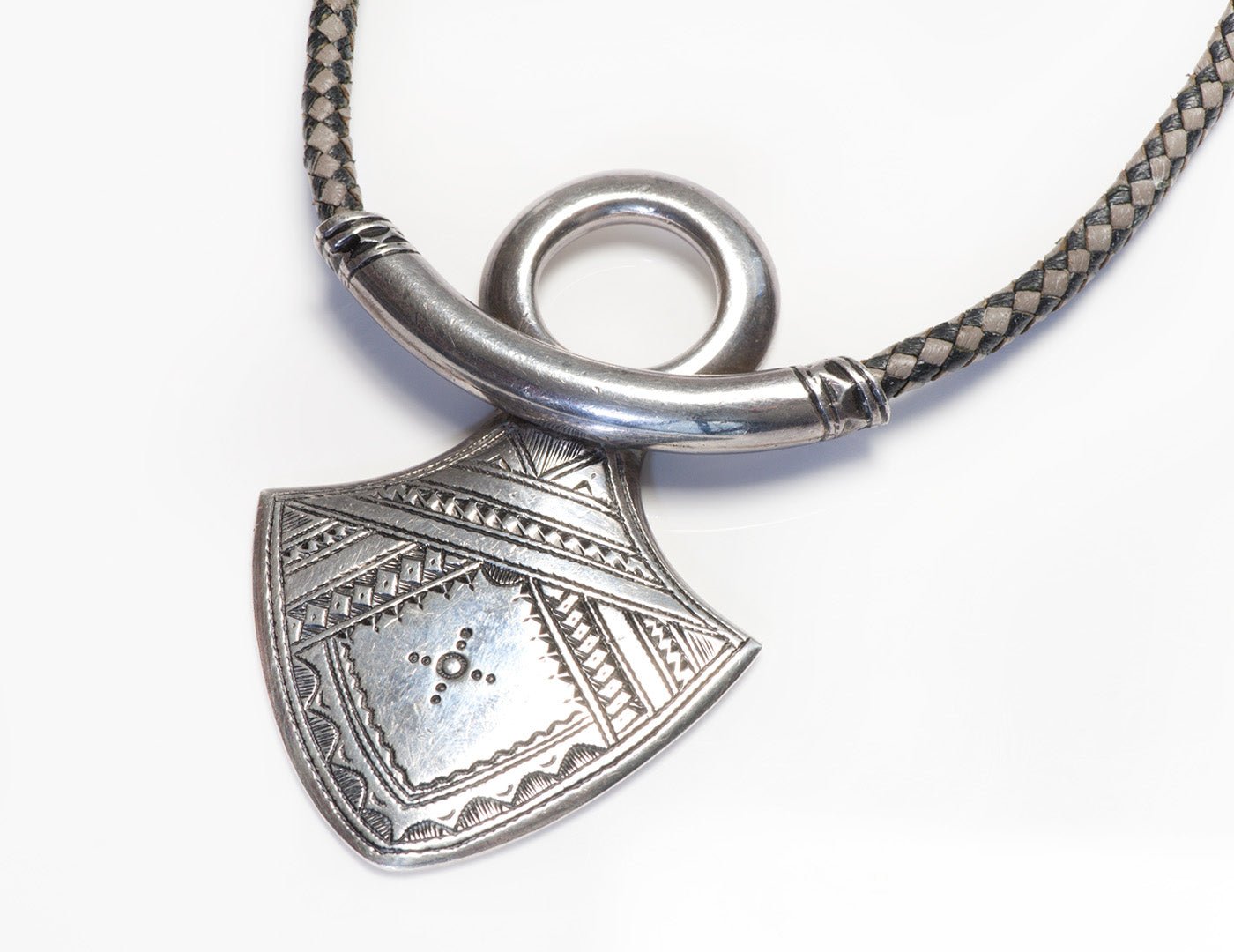 Hermes Paris 1990’s Touareg Sterling Silver Leather Pendant Necklace