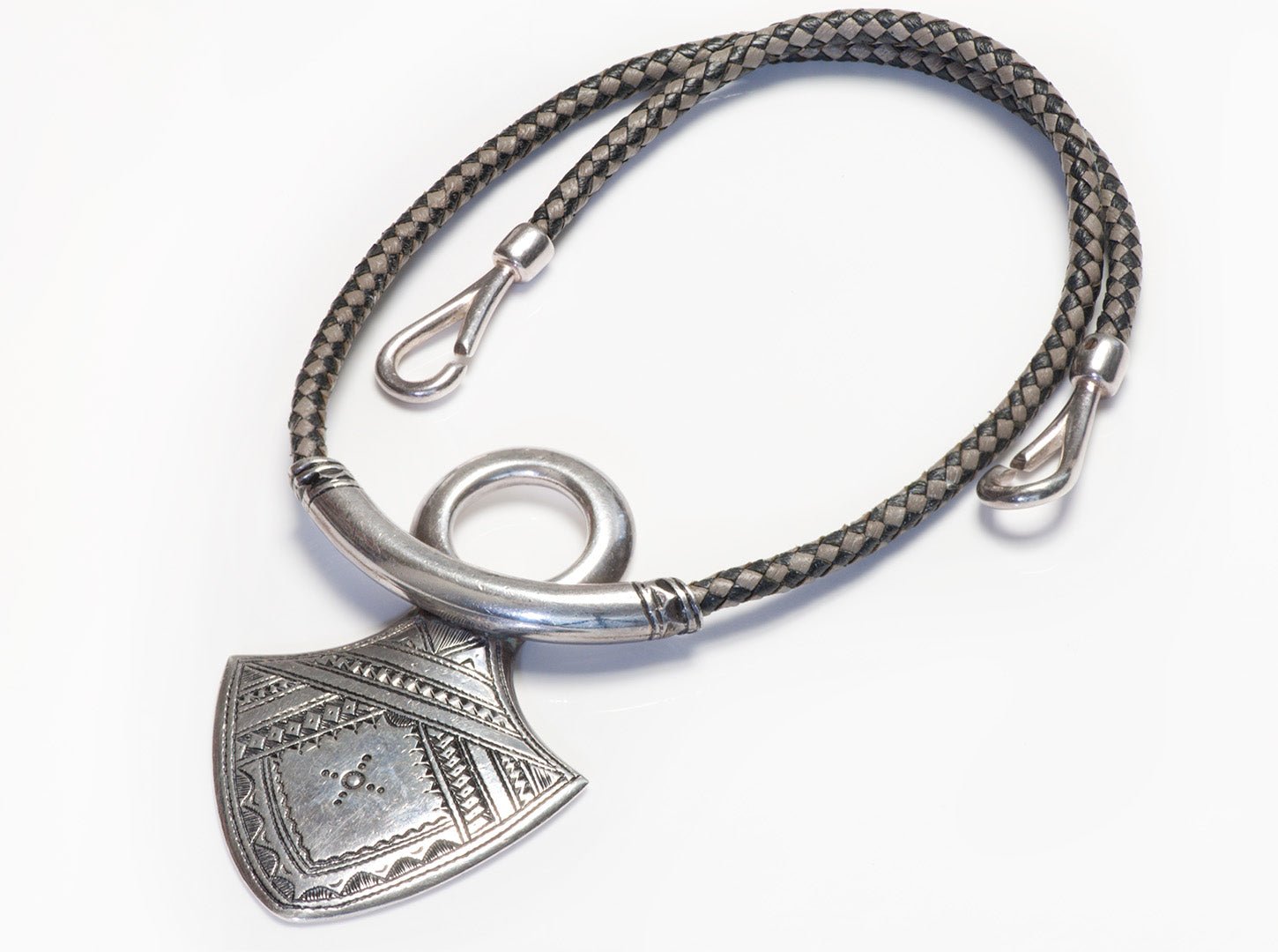 Hermes Paris 1990’s Touareg Sterling Silver Leather Pendant Necklace