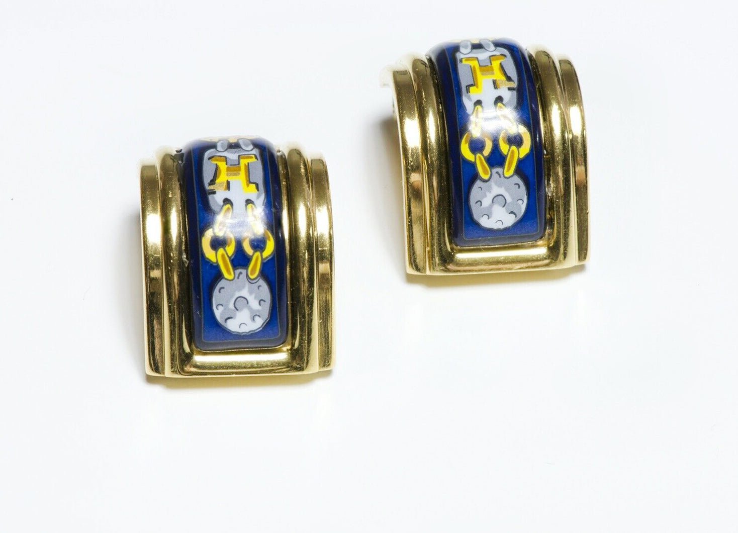 HERMES Paris Blue Enamel Chain Pattern Earrings