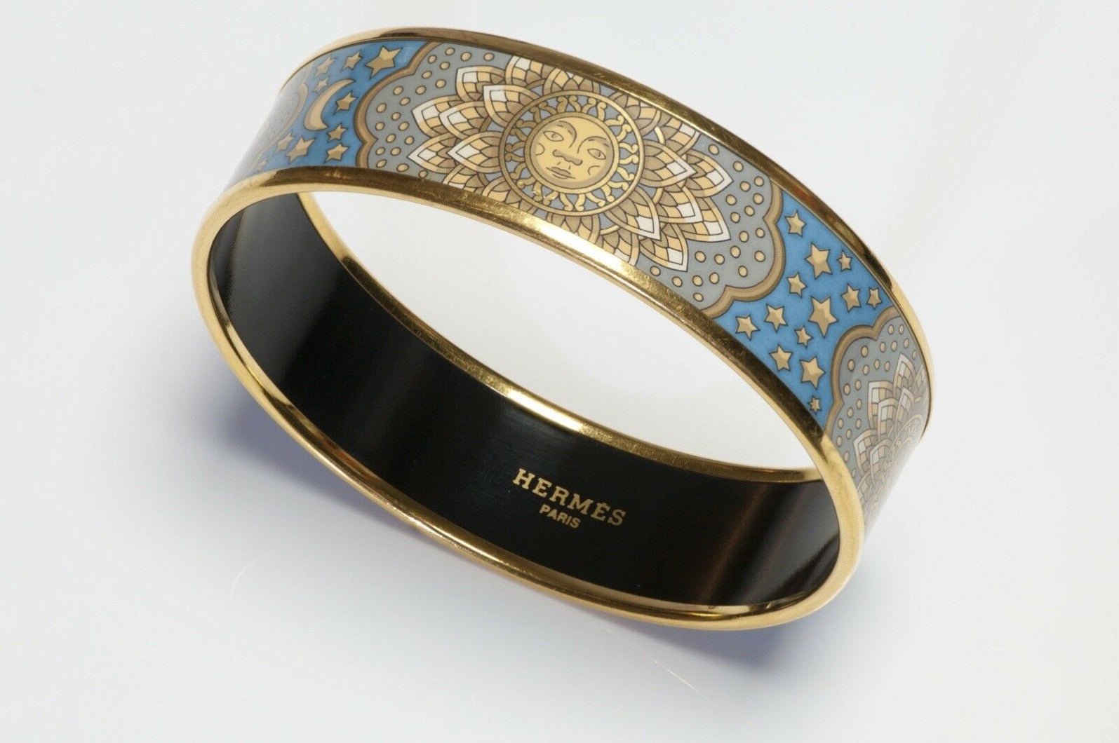 HERMES Paris “Carpe Diem” Sun Moon Blue Enamel Bangle Bracelet