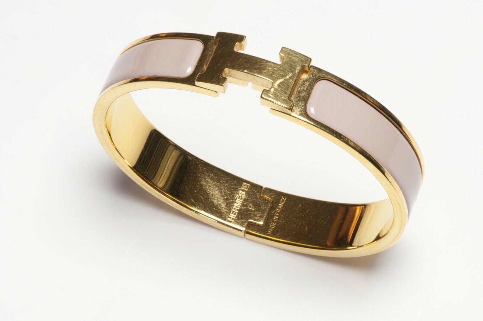 HERMES Paris Clic Clac H Gold Plated Pink Enamel Bangle Bracelet