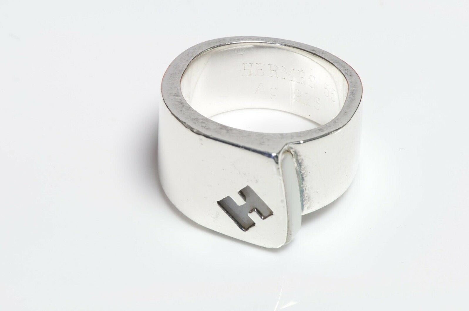 HERMES Paris H Sterling Silver White Enamel Ring