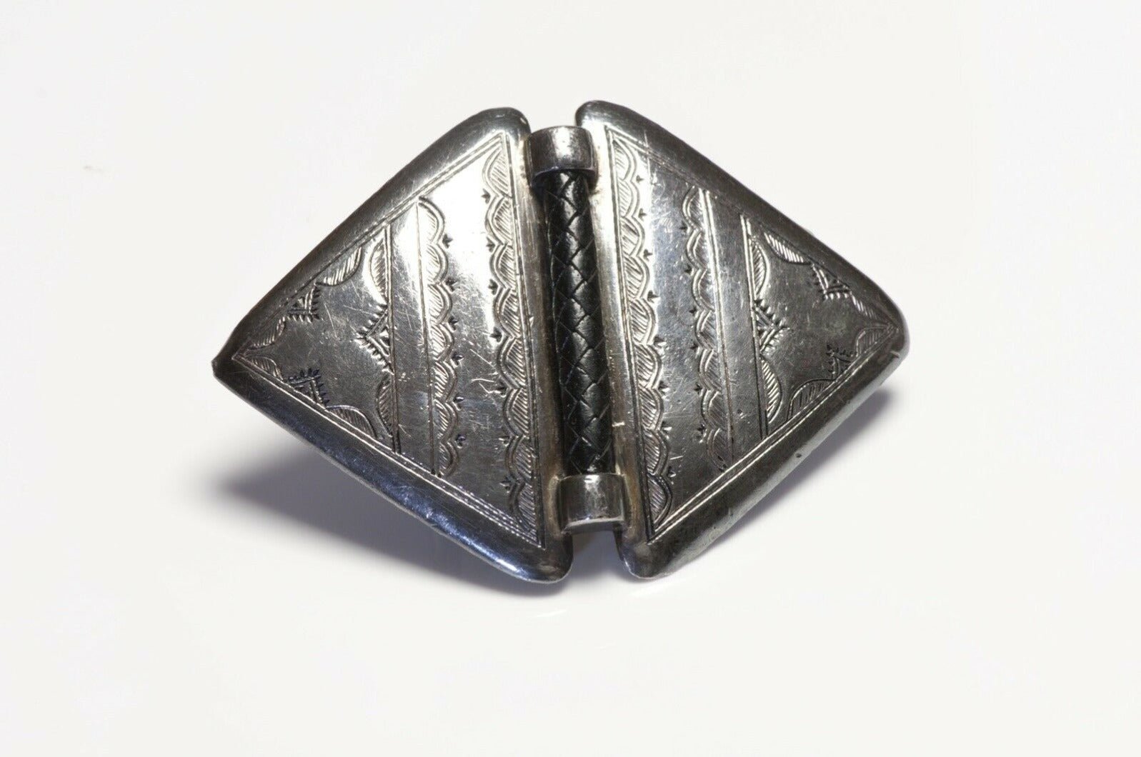 HERMES Paris Touareg Engraved Sterling Silver Black Leather Belt Buckle