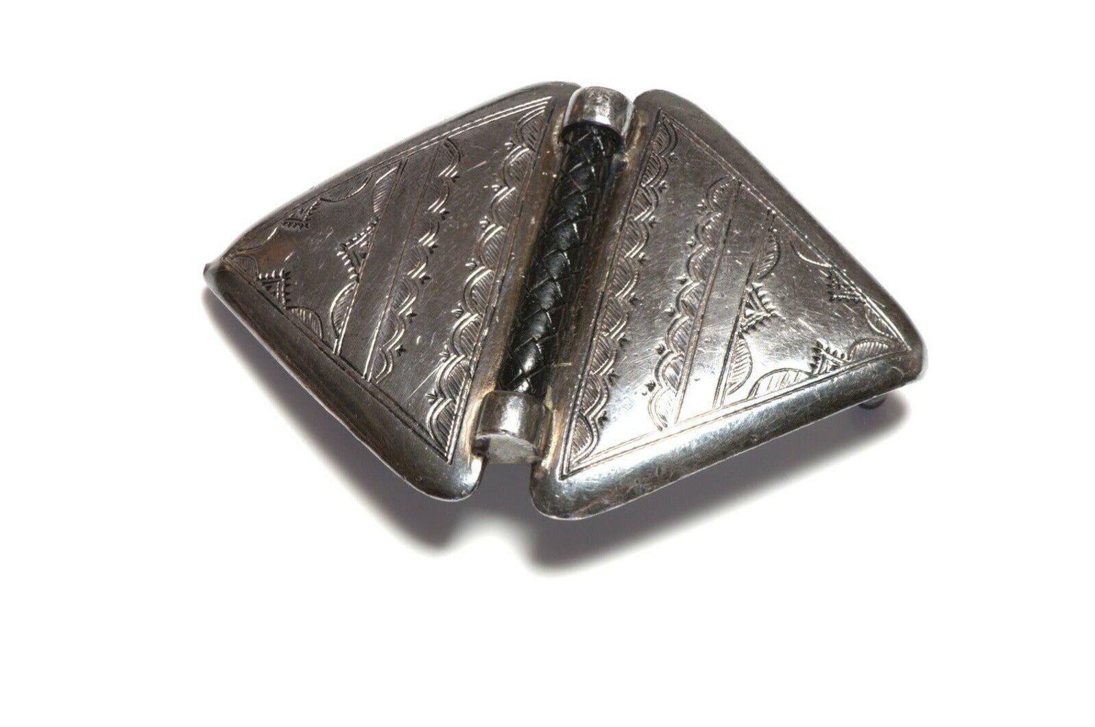 HERMES Paris Touareg Engraved Sterling Silver Black Leather Belt Buckle