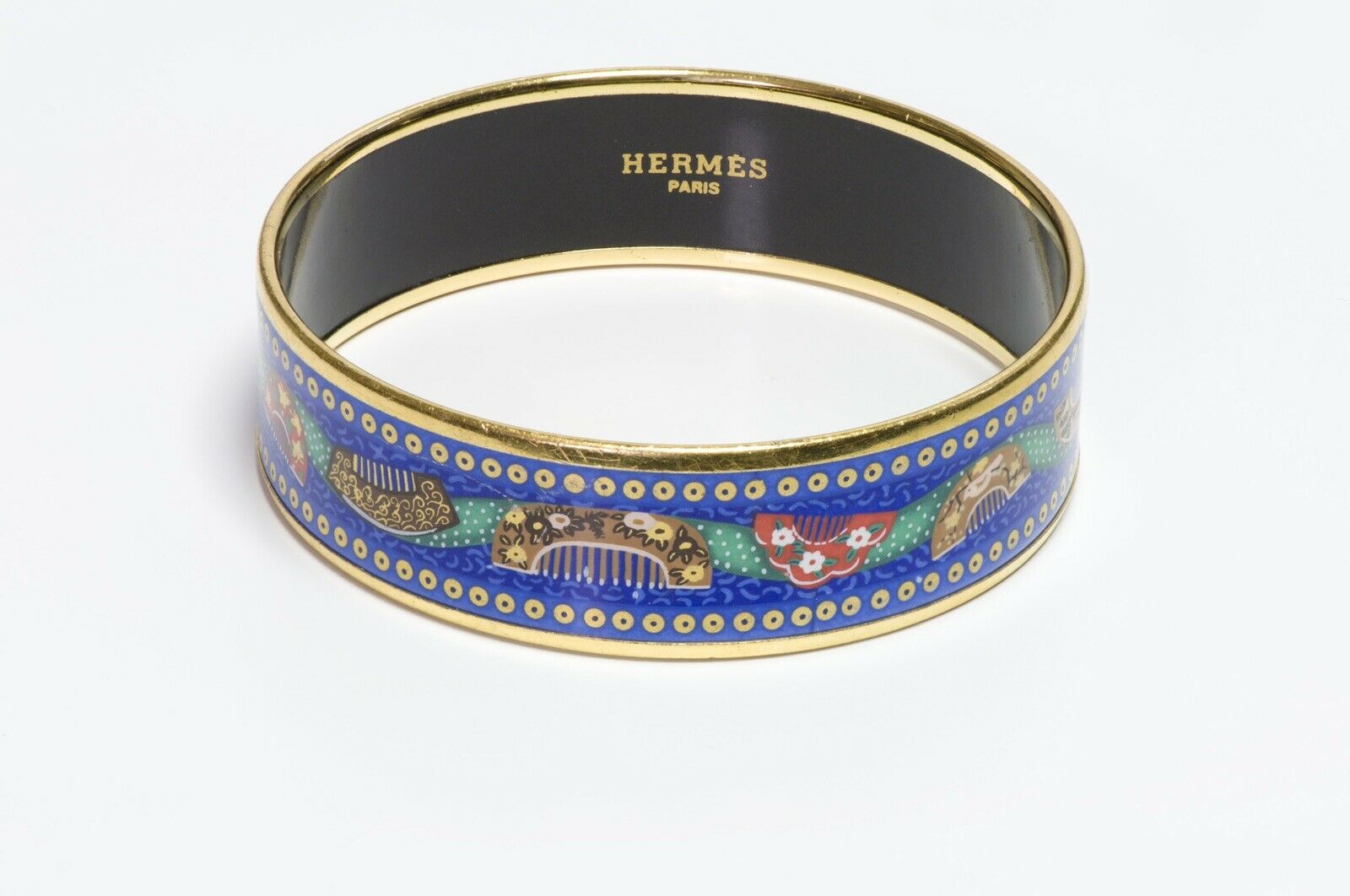HERMES Paris Wide Blue Enamel Comb Pattern Bangle Bracelet