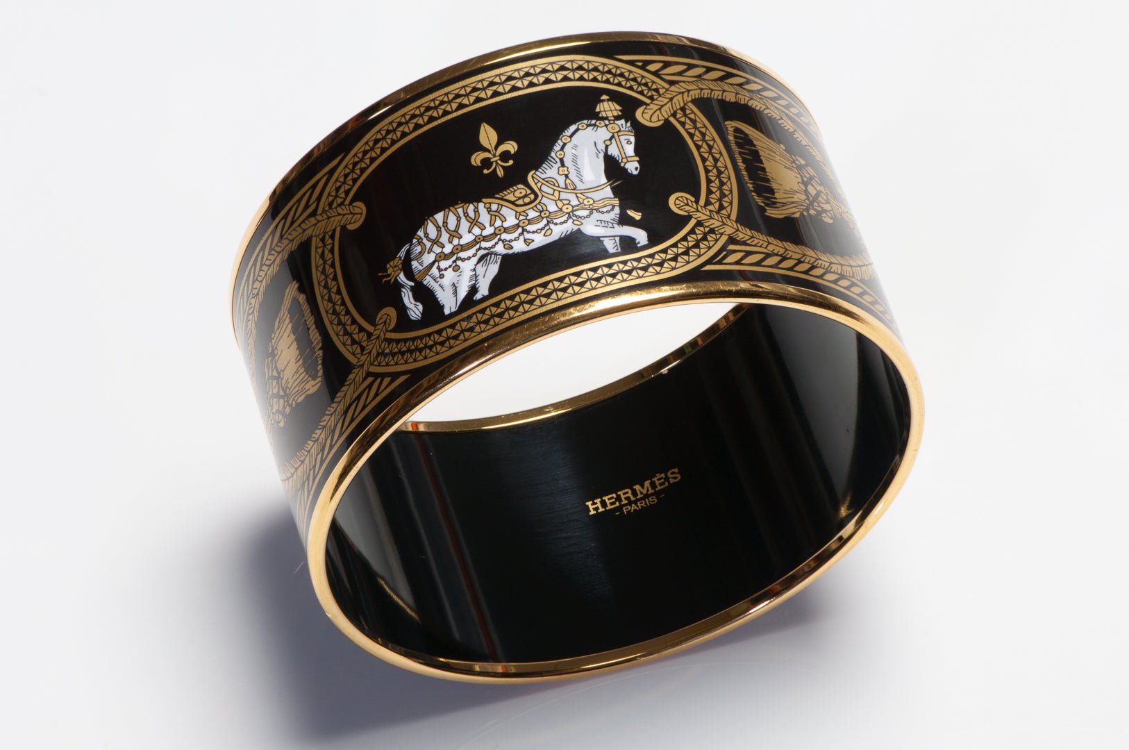 Hermes Paris Wide Gold Plated Black Enamel Horse Equestrian Bangle Bracelet