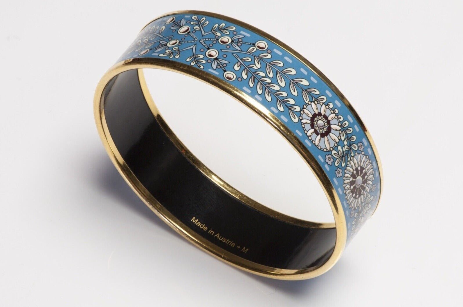 HERMES Paris Wide Gold Plated Blue Enamel Flower Bangle Bracelet