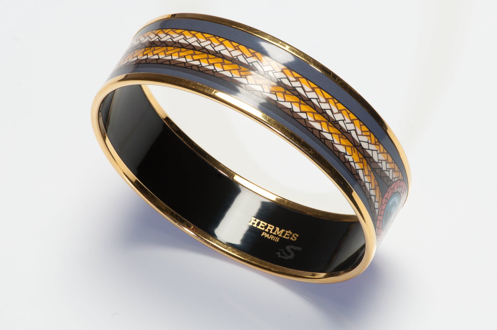 Hermes Paris Wide Gold Plated Gray Red Enamel Rope Bangle Bracelet
