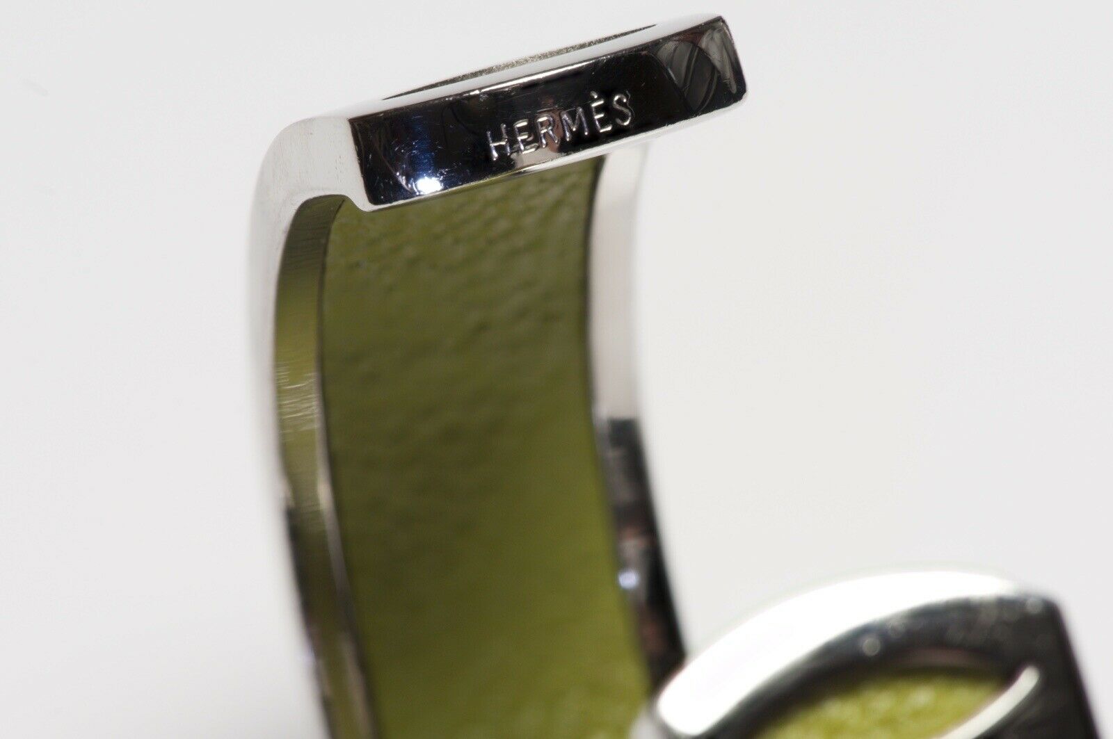 HERMES Paris Wide H Palladium Plated Green Leather Cuff Bracelet