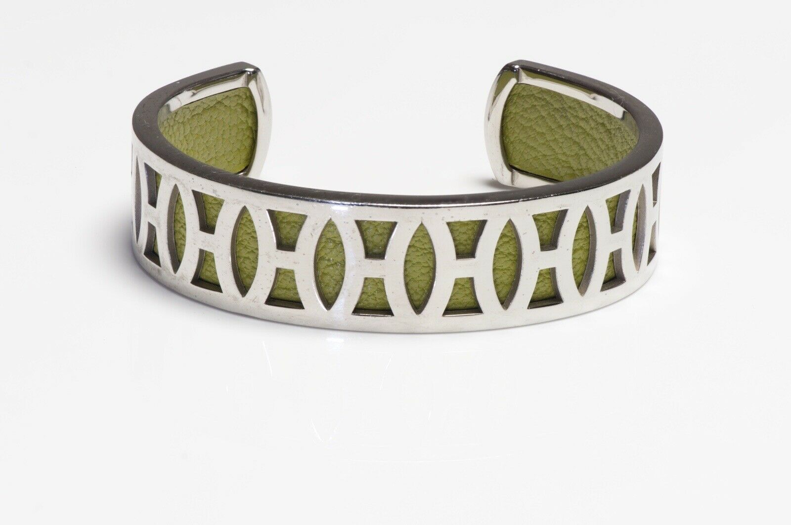HERMES Paris Wide H Palladium Plated Green Leather Cuff Bracelet