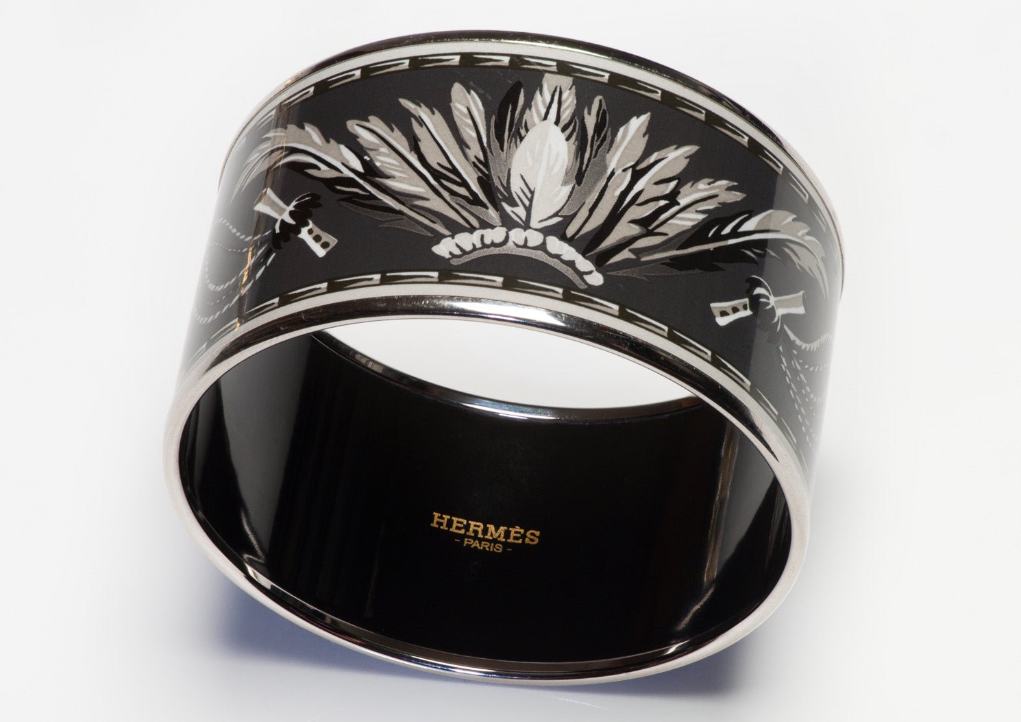 Hermes Paris Wide Palladium Plated Brazil Black White Enamel Bangle Bracelet