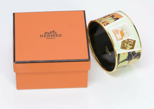 HERMES Paris Wide Stamps Theme Logo Enamel Bangle Bracelet