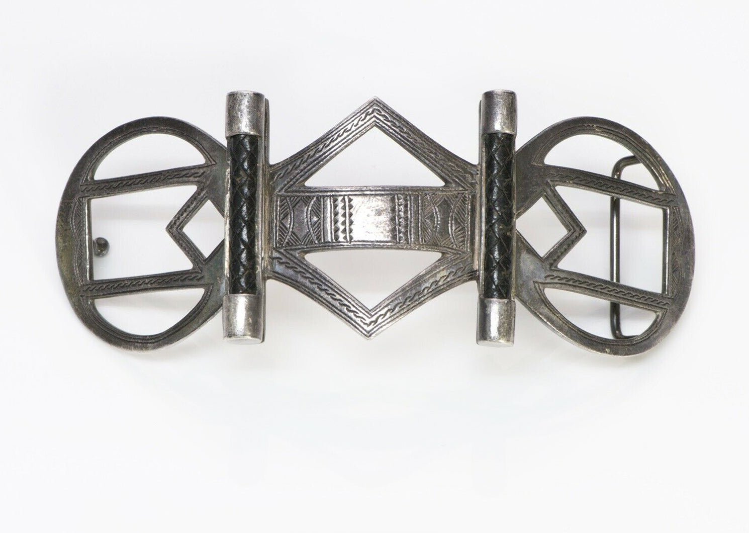 HERMES TOUAREG Sterling Silver Black Woven Leather Engraved Wide Belt Buckle