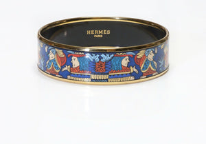 HERMES Wide Blue Enamel American Indian Pattern Bangle Bracelet