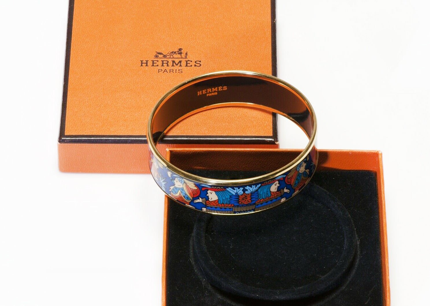 HERMES Wide Blue Enamel American Indian Pattern Bangle Bracelet