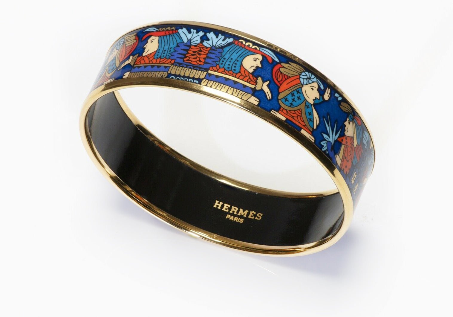 HERMES Wide Blue Enamel American Indian Pattern Bangle Bracelet