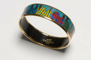 HERMES Wide Enamel Ribbon Buckle Equestrian J.Metz Bangle Bracelet